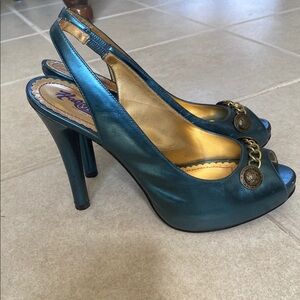 Hale Bob Leather Metallic Blue Peep-Toe Slingback Heels Brass Detail